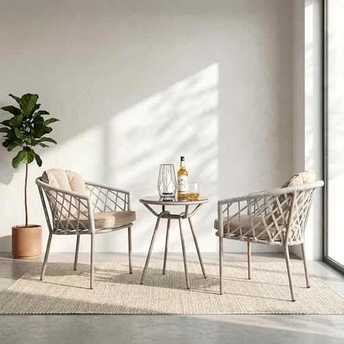 Image of BRISHI Garden Patio Seating Chair and Table Set Outdoor Balcony Garden Coffee Table Set Furniture with 1 Table and 2 Chairs Set with Cushion Braid & Rope (White.)