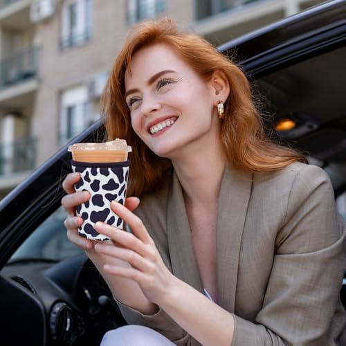 Image of Reusable Insulated Neoprene Iced Coffee Cup Sleeve, Durable Drink Sleeve for Cold Beverages, Beverage Holder for Iced Coffee (Cowprint Chic)