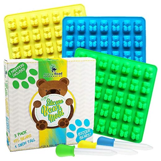 BIGGER Gummy Bear Mold 3 Pack BONUS 3 Droppers – LARGE Pure LFGB Silicone Candy Molds ~ 105 Big 1 Inch Gummie Bears on Trays – Ice Cube Gummies Chocolate & Gelatin Maker