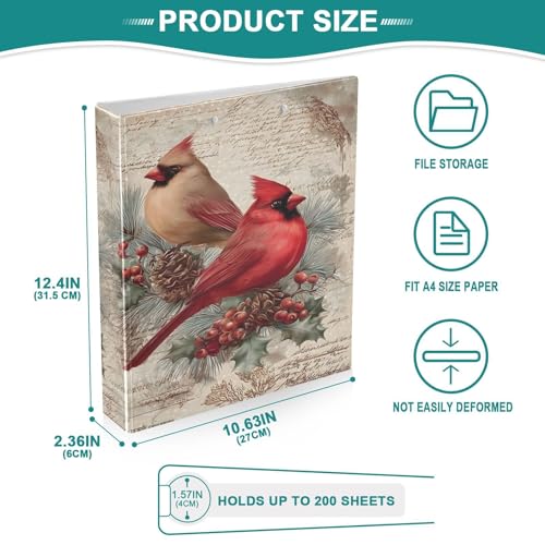 Image of 3 Ring Binder Cardinals Bird Pine Cone Christmas 1.5 inch Binders Three Ring Binders with Clipboard Fit 8.5'' x 11'' Paper 3 Interior PVC Clear Pockets for Office Supplies