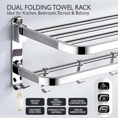 Image of Pivalo Heavy-Duty 304 Grade Stainless Steel Dual Folding Towel Rack for Bathroom 24 Inch Towel Hanger /Towel Holder /Stand /Towel Bar /Bathroom Accessories (Chrome, 1024)