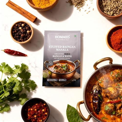 Image of Hommies Stuffed Baingan Bharta Masala Spice Mix | Ready to Cook in 15 Mins | Just Add Eggplant & Water | Serves 4 | Authentic Curry Masala with Groundnut | No Preservatives | Pack of 4 (200g, 50g Each)