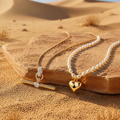 Image of Jeulia Layered Necklaces for Women Trendy Retro T Bar Pendant Pearl Necklaces Stack Trendy Pendant Necklaces Dainty Chain Choker Necklaces for Jewelry Birthday Gifts