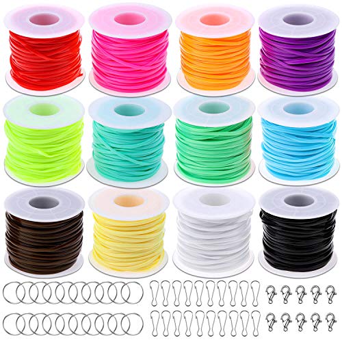 lanyard making supplies - Lanyard String, Cridoz Gimp String Kit with 12 Rolls Plastic Lacing Cord, 20 Pcs Snap Clip Hooks, 20Pcs Key Chain Ring Clips, 10 Pcs Lobster Clasps for Crafts, Bracelet and Lanyards