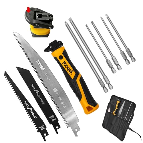 TOOLAN 10 in 1 Multi Magnetic Tip Screwdriver Set with hand saw 3 Phillips and 3 Flat Professional Grip Jab saw for cutting drywall Sheetrock wood Metel plastic plywood quick Change Mechaism