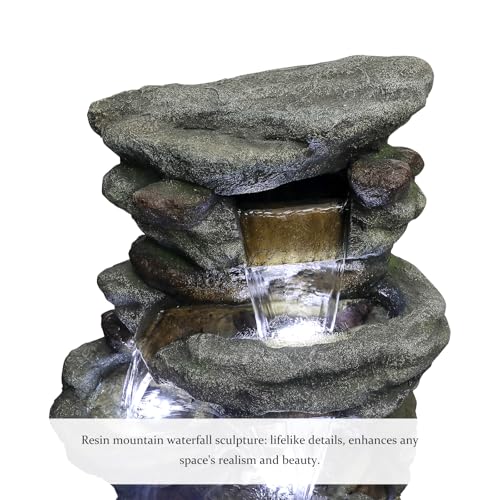Image of SunJet 51 inch High Multi-Tiers Cascading Rock Outdoor Water Fountain with LED Lights - Large Outdoor Fountains and Waterfalls for Garden or Patio, Yard, and Deck Decor, Featuring Natural Stone Look