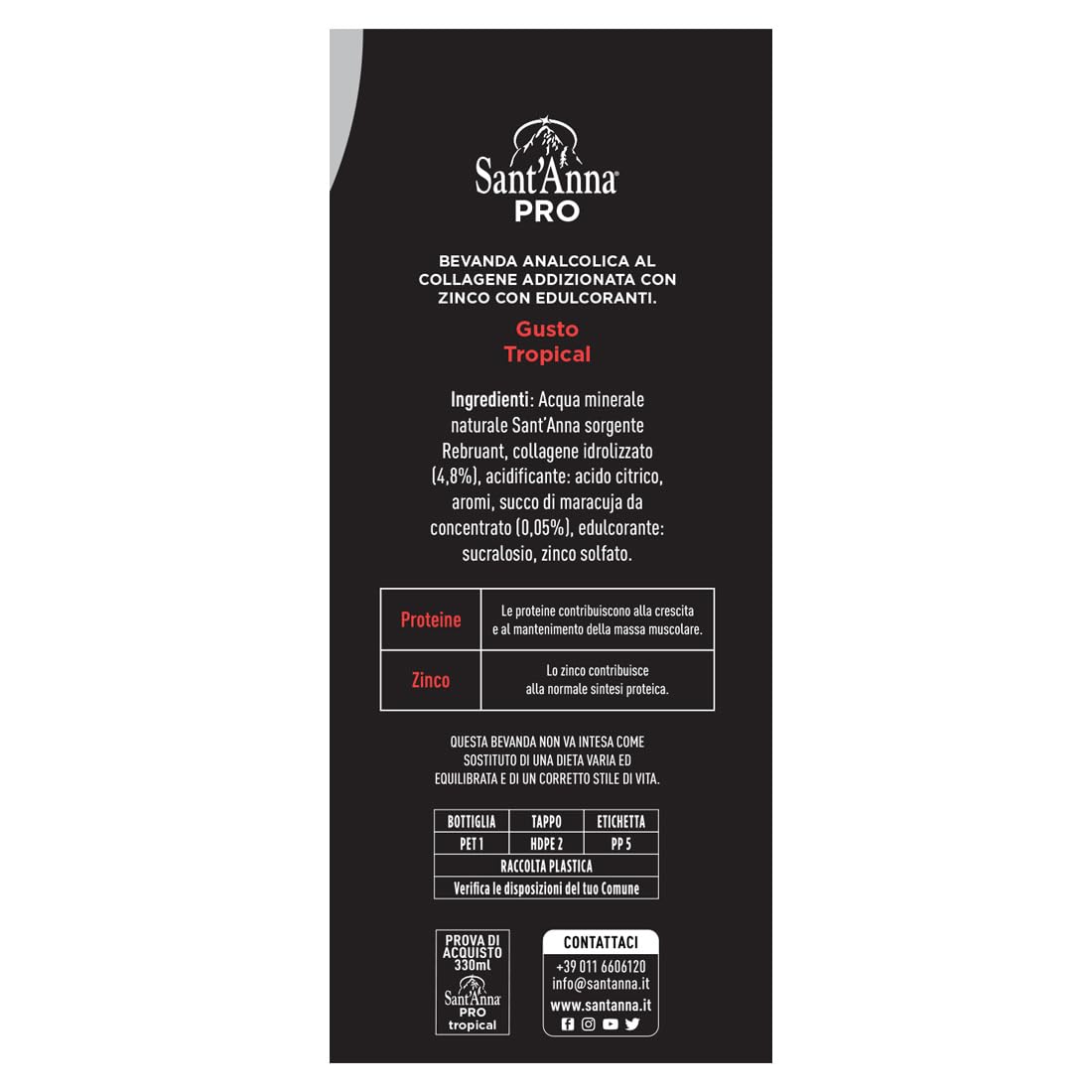 Sant'Anna PRO Tropical 0,33L | confezione 12 Bottiglia | Bevanda Proteica in Acqua Sant'Anna | Alto Contenuto di Proteine | Perfetta per Sportivi, dona Idratazione