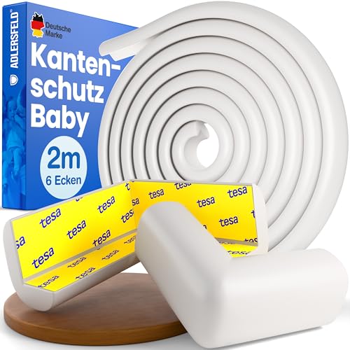 ADLERSFELD Kantenschutz Baby - (2m mit Kleber von TESA) inkl. 6X Eckenschutz Baby | Extra starker Halt - Eckenschutz Kantenschutz Selbstklebend (Weiß)