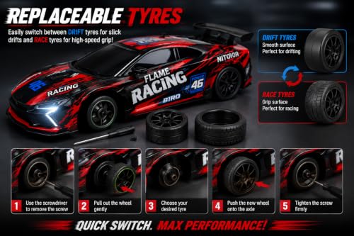 Image of RC Drift Car 1:16 Scale, 25KM /H High-Speed Remote Control Car, 2.4GHz Drift with Sparkling Racing Vehicle with LED Lights, Replaceable Drift Tyres, Spare Wheels & Cones (Nitro)