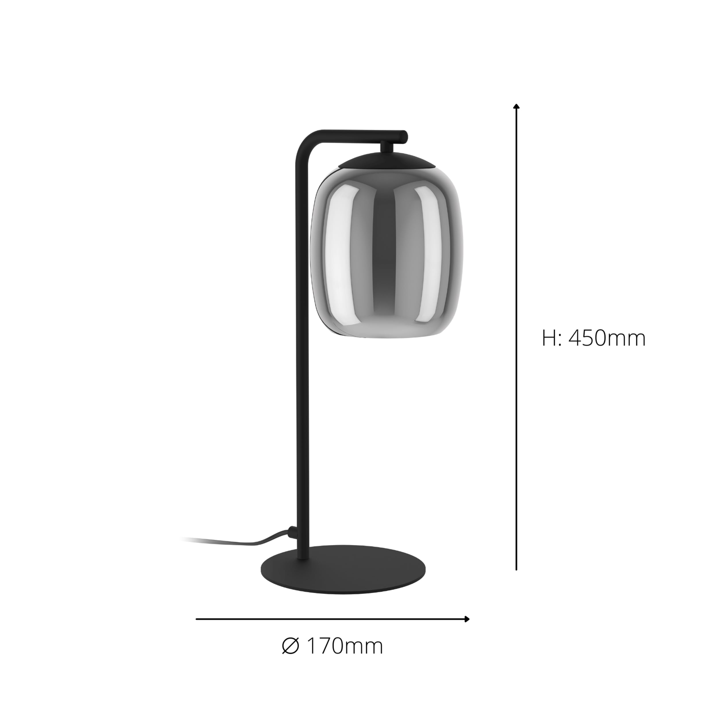 EGLO Tischlampe Ciampino, Nachttischlampe mit Rauchglas Lampenschirm | Tischleuchte aus Metall in Schwarz und Glas bedampft in Grau, E27 Fassung, 45 cm