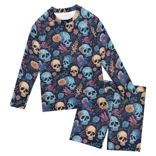 Sugar Skull Skeleton Gothic Flowers Toddlers and Baby Boys' Swimsuit Trunk and Rashguard Set B0403005