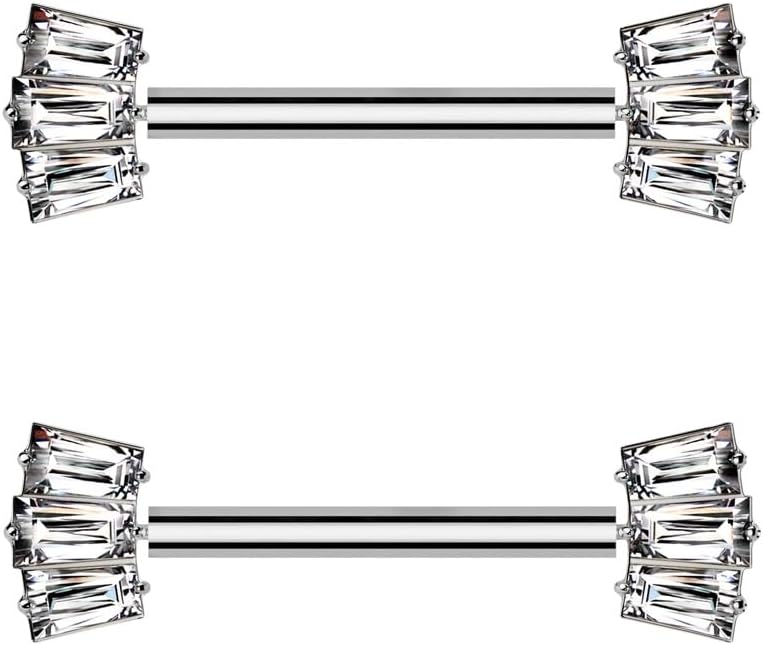 Pierced Owl 14GA ASTM F-136 Implant Grade Titanium Threadless Push-In Triple CZ Crystal Baguette Fan Ends Nipple Barbells, Sold as a Pair