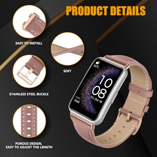 Niboow Leather Adjustable Watch Band for Huawei Watch Fit - Pink, 2 cm - Image 2