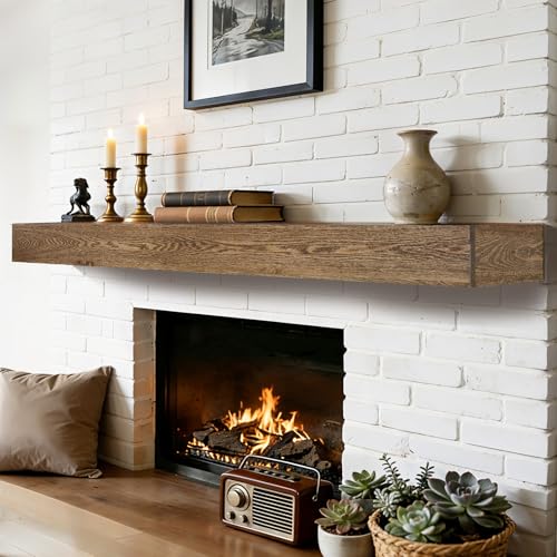 Fireplace Mantel 72 inch - Rustic Elm Wood Mantel, Light Walnut Color
