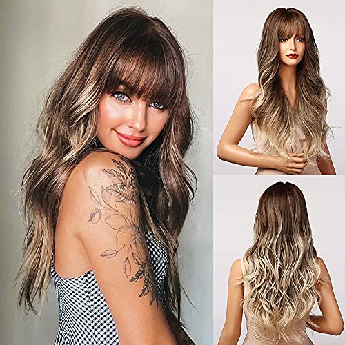 Honygebia Light Brown Wig with Fringe, Long Ombre Wavy Wigs for White Women Ash White Synthetic Heat Resistant Hair