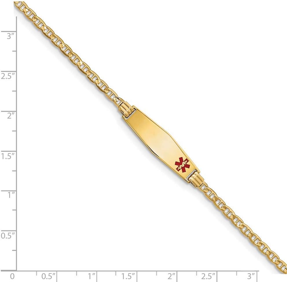 Engravable Personalized Custom 14K Yellow Gold Medical Soft Diamond Shape Red Enamel Anchor ID Bracelet For Men or Women Length 7 inches Width 7.5 mm