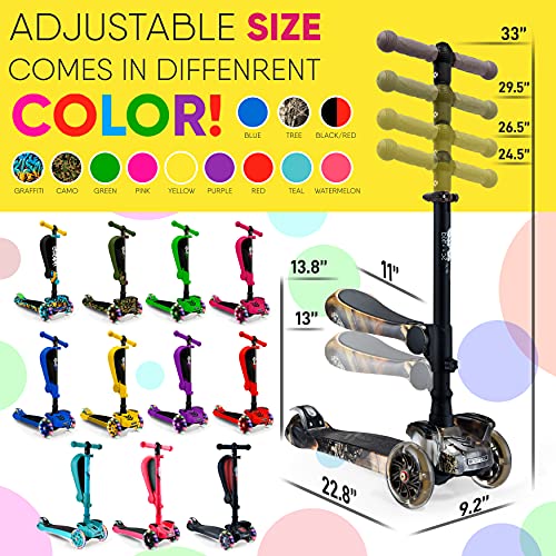 Image of Hurtle 3-Wheeled Scooter for Kids - Wheel LED Lights, Adjustable Lean-to-Steer Handlebar, and Foldable Seat - Sit or Stand Ride with Brake for Boys and Girls Ages 1-14 Years Old
