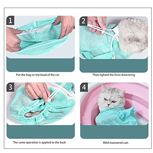 Image of Adjustable Multifunctional Anti-Bite Cat Shower Bag, Mesh Cat Bathing Bag Set, Grey and Green, Care Tools Included