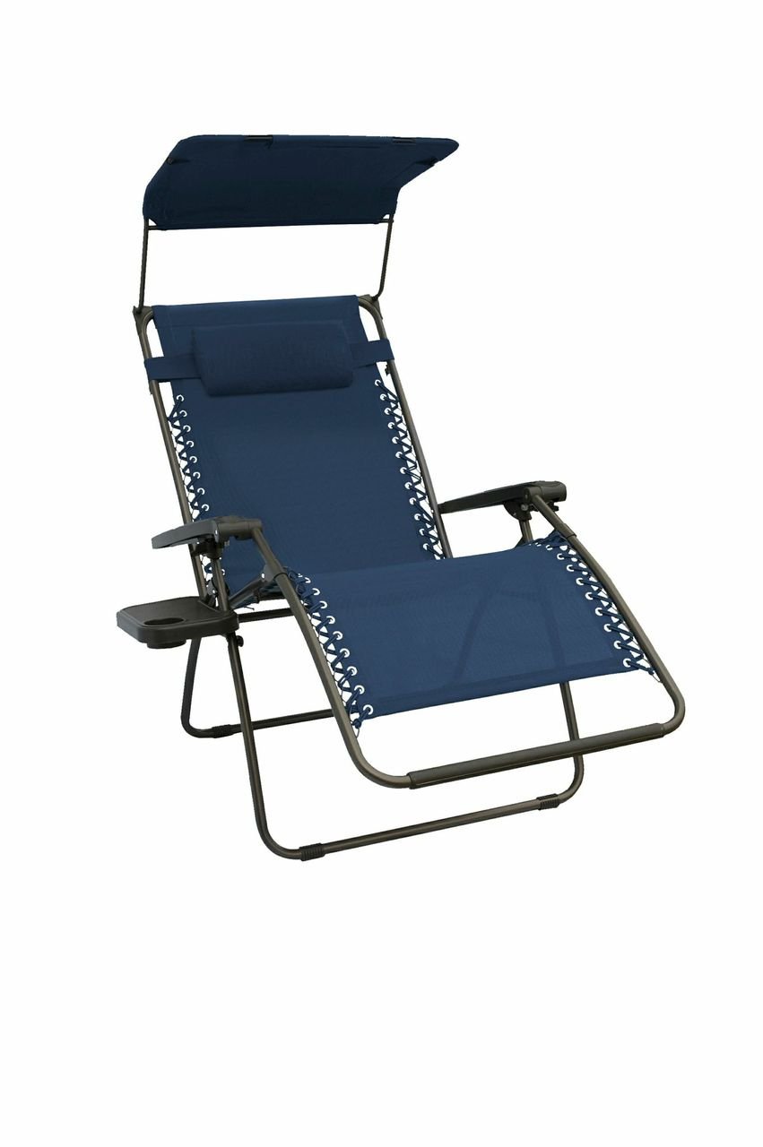 Bliss Hammocks GFC-436WDB 30" Wide XL Zero Gravity Chair w/Canopy, Pillow, & Drink Tray Folding Outdoor Lawn, Deck, Patio Adjustable Lounge Chair, 360 lbs. Capacity, Denim Blue