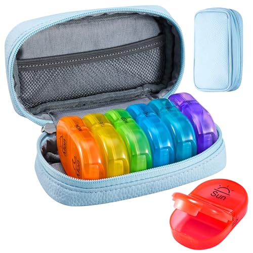 Image of Serfeymi Weekly Travel Pill Organizer 2 Times A Day AM PM Upgraded Rainbow Pill Box 7 Day with Portable Zipper PU Leather Pill Case, Medicine Organizer for Pills, Vitamins, Fish Oils - Blue 01