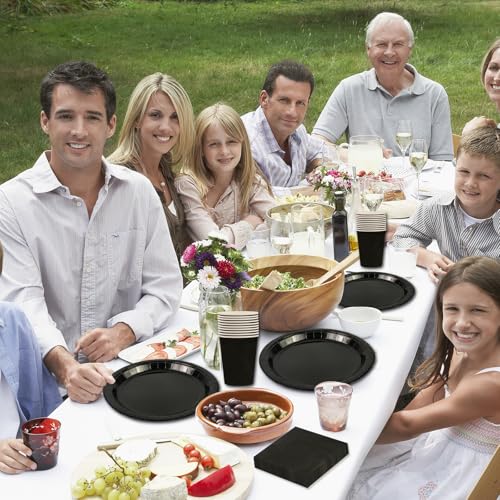 64 Stück Schwarz Partygeschirr Set,Inklusive Teller Servietten Becher und Dessertteller Geeignet für Kinderpartys, Geburtstage Kinder Dekoration Hochzeiten und Tischdekoration