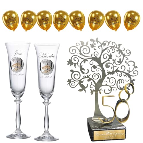 JOYERIA EL FARO | Presentes de casamento 50 anos | Pack árvore + 8 balões grátis | Gravação personalizada | Apresentação em estojo premium | Celebre 50 anos de amor juntos (Pack taças + árvore +