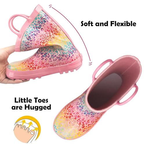 landchief Toddler Rain Boots, Kids Rain Boots Waterproof Rubber Boots for Girls and Boys with Fun Patterns and Easy-On Handles3