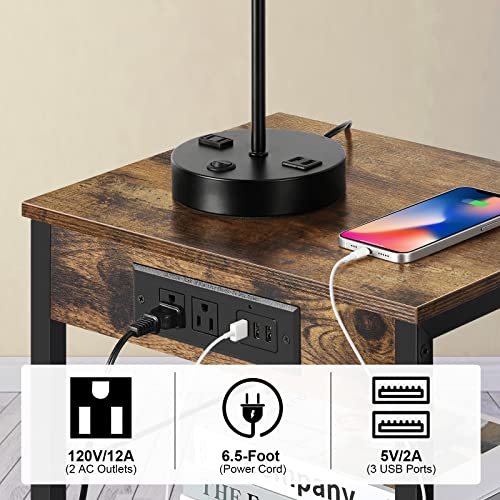 Nightstand with Charging Station 3 Tier Small Side Table with Storage Shelf Industrial Wood End Table Bedside Table with USB Ports and Power Outlets for Bedroom Living Room Rustic Brown