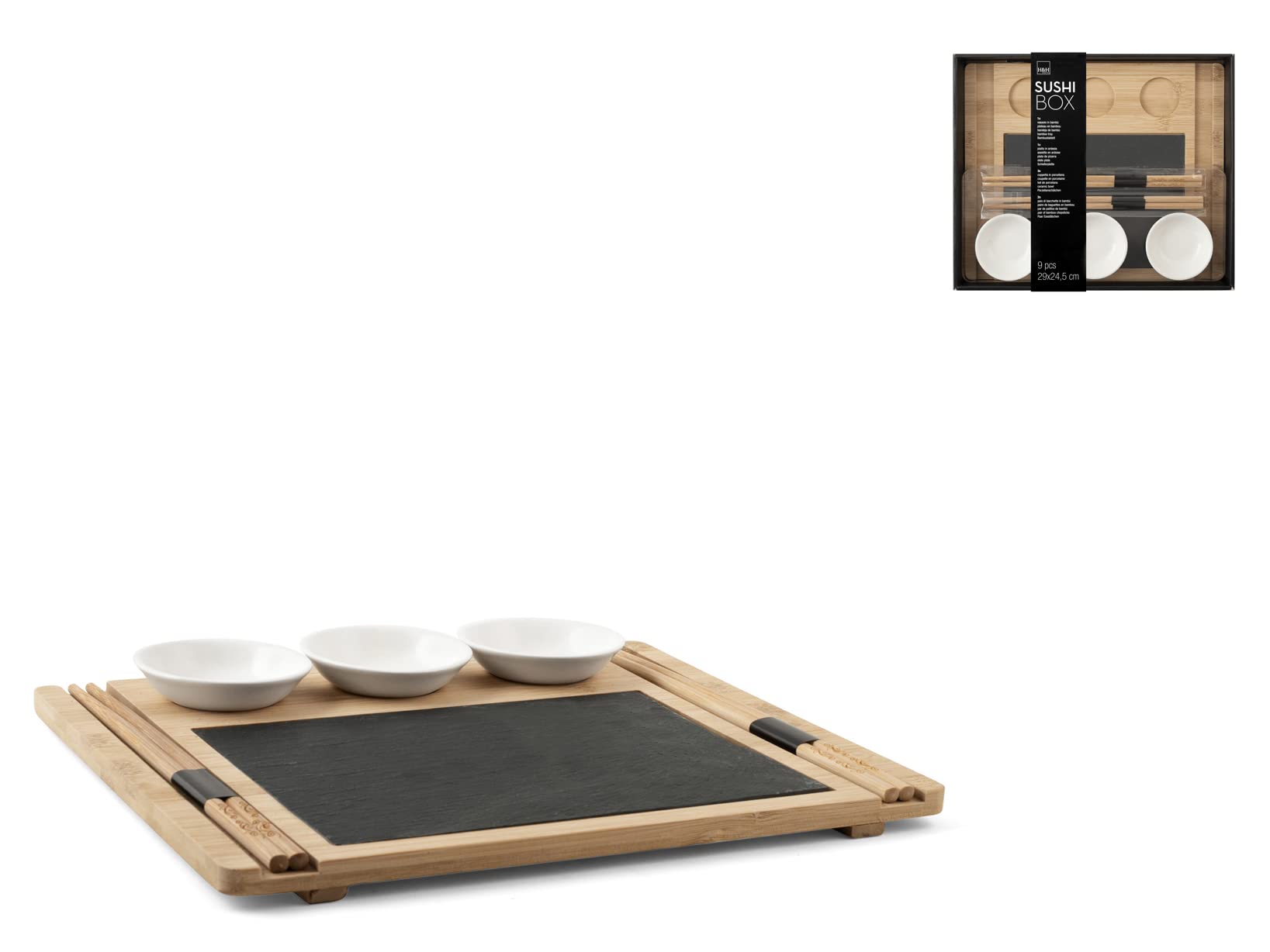 H&H 50496 Set of 9 Sushi Slate and Bamboo 24 x 29 cm