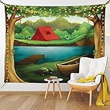 Lunarable Camping Tapestry, Idyllic Nature Scene of a Deep Forest with Lake and Mountains Cartoon Woodland, Fabric Wall Hanging Decor for Bedroom Living Room Dorm, 45