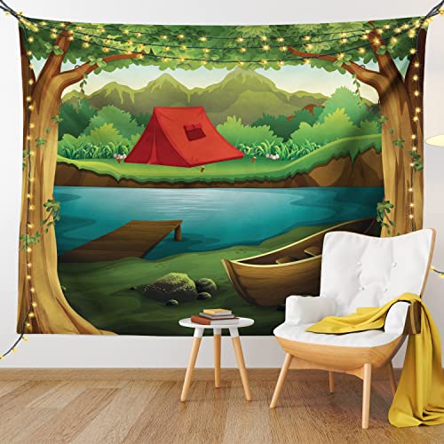 Lunarable Camping Tapestry, Idyllic Nature Scene of a Deep Forest with Lake and Mountains Cartoon Woodland, Fabric Wall Hanging Decor for Bedroom Living Room Dorm, 45