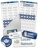 Bunny Badges Personalized Daycare Name Labels for Kids (130 Labels) - Custom Waterproof Name Stickers for Clothing Tags, Water Bottles, Lunch Boxes and School Supplies (Water Animals)