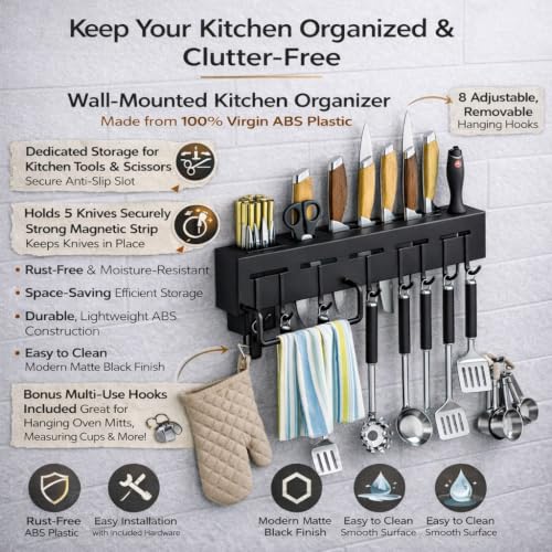 Image of Wall Mounted Kitchen Rack, Knife Holder,Towel Hanger, Cutlery Holder Storage Rack