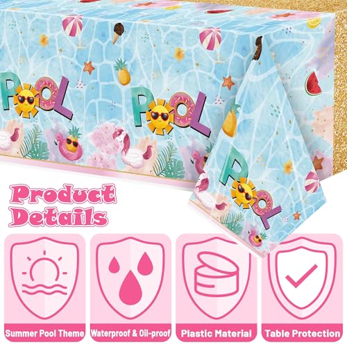 Image of 3 Packs Summer Theme Tablecloth Swimming Pool Elements Disposable Rectangle Table Cover Decoration Ocean Beach Cool and Freshing Plastic Table Cover for Summer Season Kid's Birthday Party
