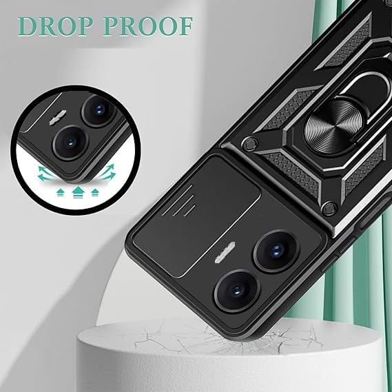 Image of SPAZY CASE Poco F7 5G Back Cover | Heavy Duty Hybrid Case with 360 Degree Rotating Finger Ring Holder + Slider Shutter Camera Protection Case for Poco F7 5G - Black