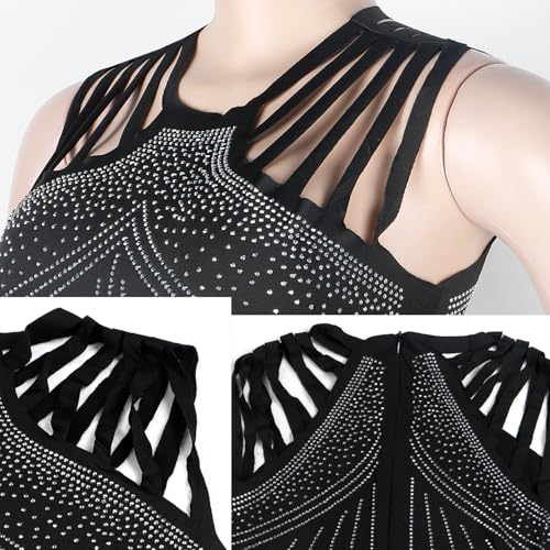 Image of Jigfar Women Sexy Elegant Rhinestone Mesh See Through Party Club Night Split Bodycon Formal Maxi Dress