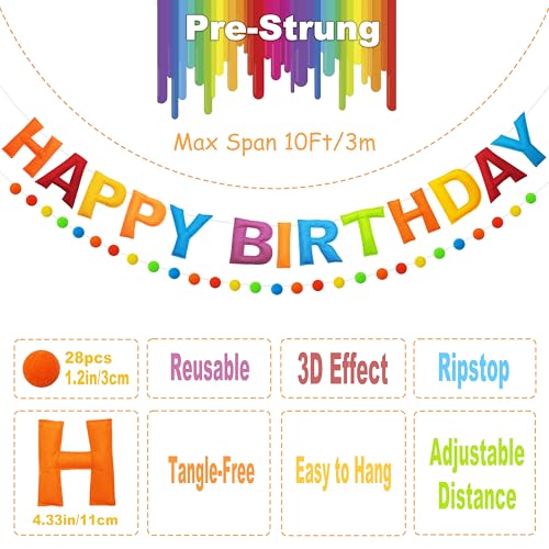 Image of 2 PCS Pre-Strung 3D Felt Happy Birthday Banner - Reusable Rainbow Happy Birthday Decorations Sign, Felt Ball Garland, Pom Pom Garland, Party Decor, Photo Prop（Retro Cartoon Color Scheme）