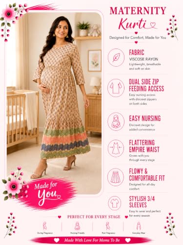 Image of RITIJYA Feeding Kurta for Women with Zip | Maternity Kurti for Nursing Mothers | Concealed Zipper, Extra Pleats Pre to Post Pregnancy | Quick-Dry Comfort Fabric | S-4XL