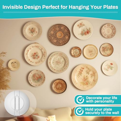 Image of 14 pcs Plate Hangers for The Wall, 4 /6 /8 /10 /12 Inch Invisible Decorative Wall Plate Hangers, Stainless Steel Plates Walls Hanger for Display Various Sizes with Hooks for Decorative