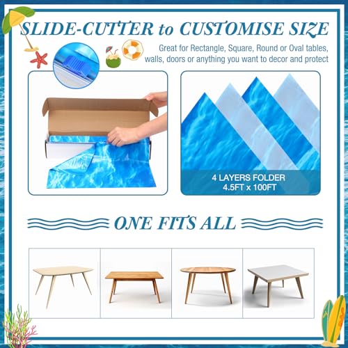 Image of Irenare 1 Roll Ocean Plastic Tablecloth 54 Inch x 100 ft Blue | Water Waves Print, Disposable Table Cover for Under the Sea Theme Decoration Beach Pool Party, Birthday Baby Shower Supplies