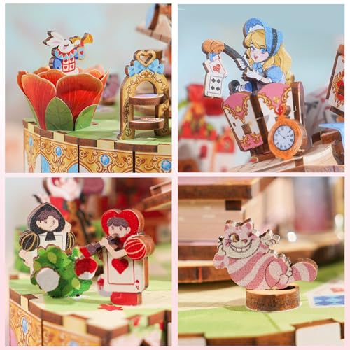 Image of Tonecheer x British Library Wooden Music Box Puzzle for Adults, DIY Rotating Music Box Kit 3D Creative Musical Puzzle Crafts Model Building Kits Desk Decor for Birthday Gift (Alice's Tea Party)