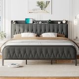 Feonase King Bed Frame with Type-C & USB Port, Metal Platform Beds, with Linen Upholstered Headboard & Footboard, 12' Underbed Storage Space, Easy Assembly, Noise-Free, Dark Gray