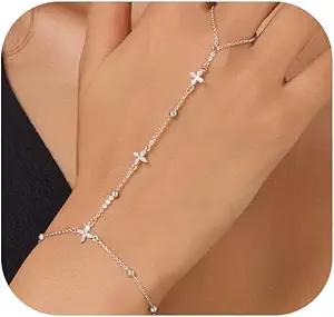 Gold Bracelets for Women 14K Gold Plated Hand Chain Bracelet Dainty Trendy Ring Chain Bracelet Charm Link Adjustable Cubic Zirconia Hand Bracelets Jewelry Gifts for Women