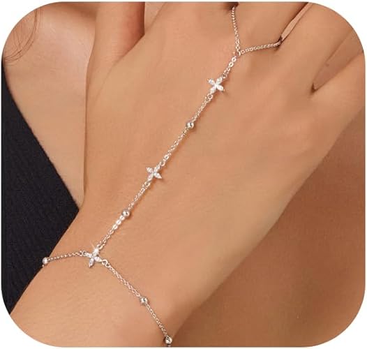 Gold Bracelets for Women 14K Gold Plated Hand Chain Bracelet Dainty Trendy Ring Chain Bracelet Charm Link Adjustable Cubic Zirconia Hand Bracelets Jewelry Gifts for Women