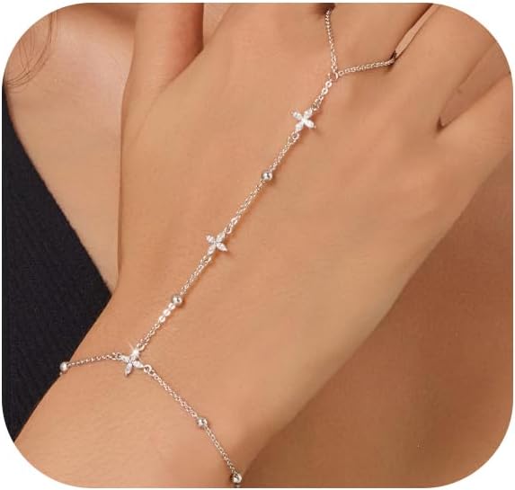 Gold Bracelets for Women 14K Gold Plated Hand Chain Bracelet Dainty Trendy Ring Chain Bracelet Charm Link Adjustable Cubic Zirconia Hand Bracelets Jewelry Gifts for Women