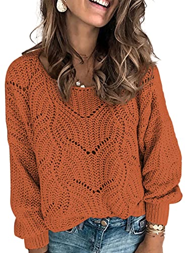 Dokotoo Womens Crochet Tops Ladies Cute Fashion Fall Sweaters Casual Loose Winter 2025 Color Block Hollow Out Chunky Cable Knit V Neck Long Sleeve Sweaters Pullover Orange Large