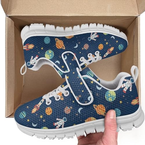 Boys Girls Shoes for Little Kids/Big Kids Machine Washable Lightweight Comfy Athletic Running Shoes Kids Sneakers Light Astronaut Planet Space Pattern（White Sole）2