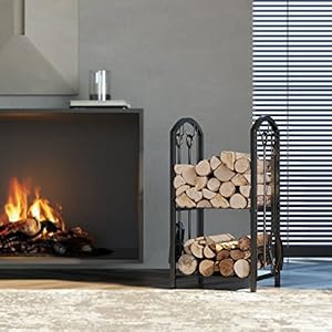 Fire Beauty Fireplace Firewood Log Rack 5 Piece Storage Logs Holder with Tools Set with 4 Tools Set Fireside Holders Wood Lumber Storage Stacking Black