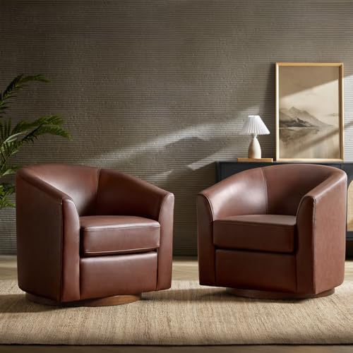 Image of HULALA HOME Genuine Leather Swivel Accent Chairs Set of 2 with Solid Wood Base, Round Swivel Barrel Chairs for Living Room and Bedroom, Brown