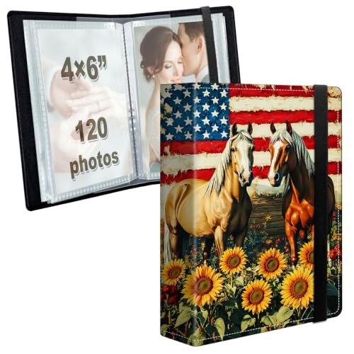 Image of Photo Album 4x6 120 Photos with Strong Elastic Band, American Flag Horses | Large Capacity Premium Leather Picture Album, Portable Wallet Albums Photo Book for Family Anniversaries Wedding Baby